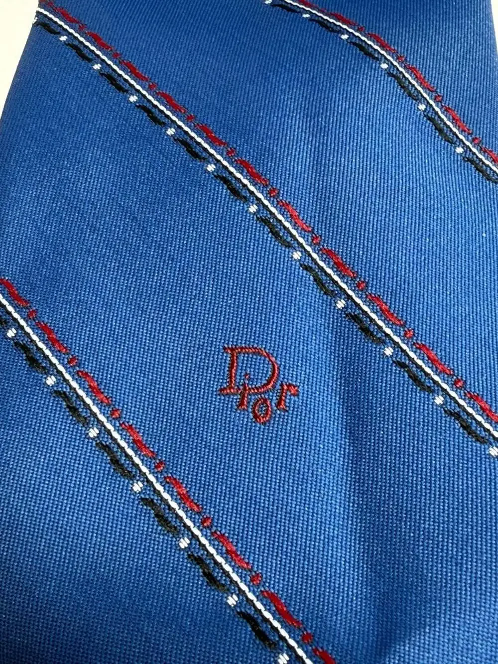 Vintage Christian Dior Blue Necktie with Embroidered Logo and Red/Black/White St